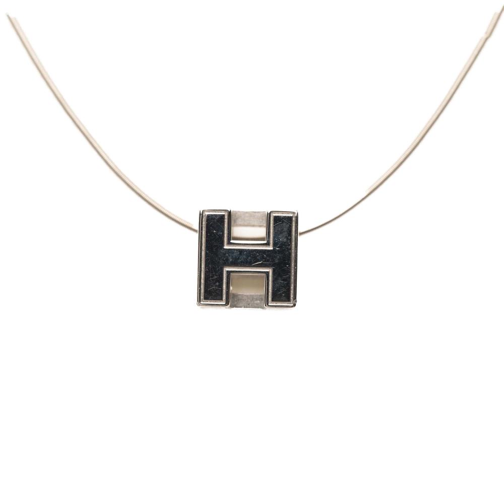 Hermès B Hermès White Ivory with Silver Enamel Other Palladium Plated Cage dH Cube Necklace France