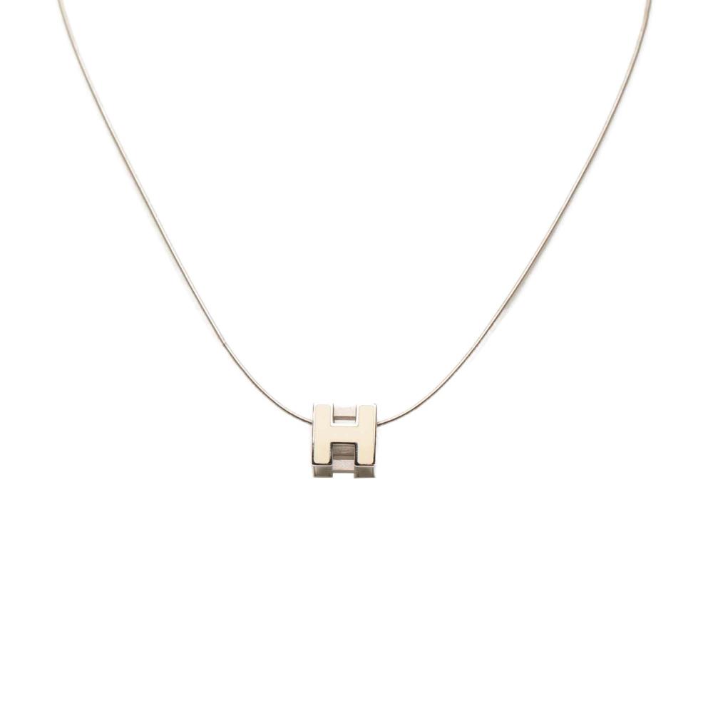 Hermès B Hermès White Ivory with Silver Enamel Other Palladium Plated Cage dH Cube Necklace France