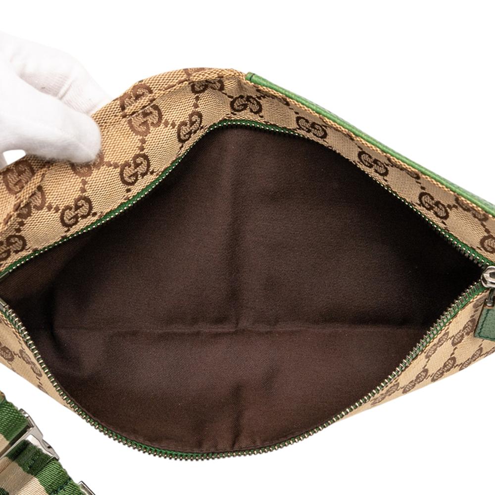 Gucci B Gucci Brown Beige with Green Canvas Fabric GG Web Double Pocket Belt Bag Italy