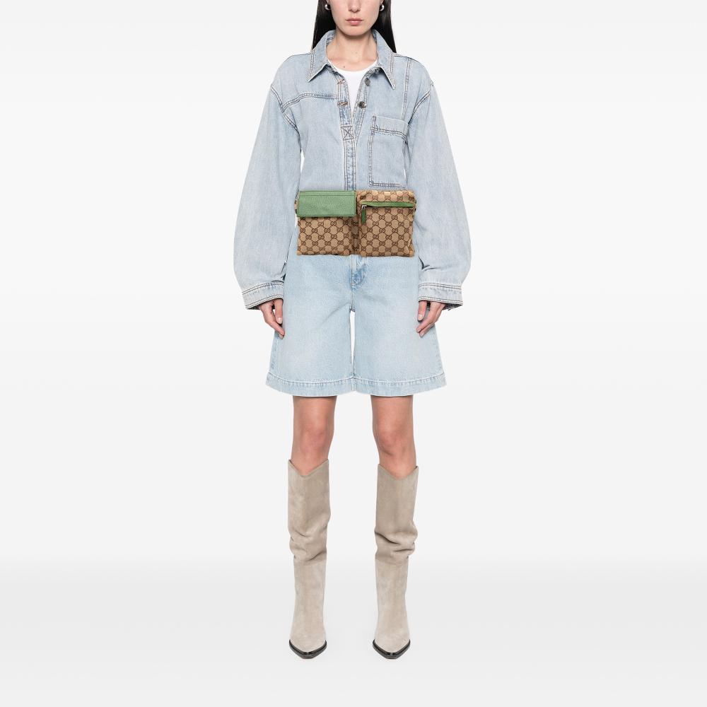 Gucci B Gucci Brown Beige with Green Canvas Fabric GG Web Double Pocket Belt Bag Italy