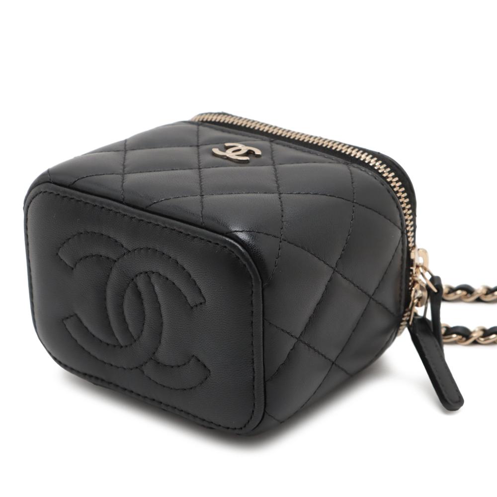 Chanel AB Chanel Black Lambskin Leather Leather Mini Lambskin Vanity Case with Chain Italy
