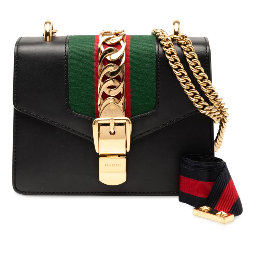 Gucci B Gucci Black Calf Leather Mini Web Sylvie Chain Crossbody Italy