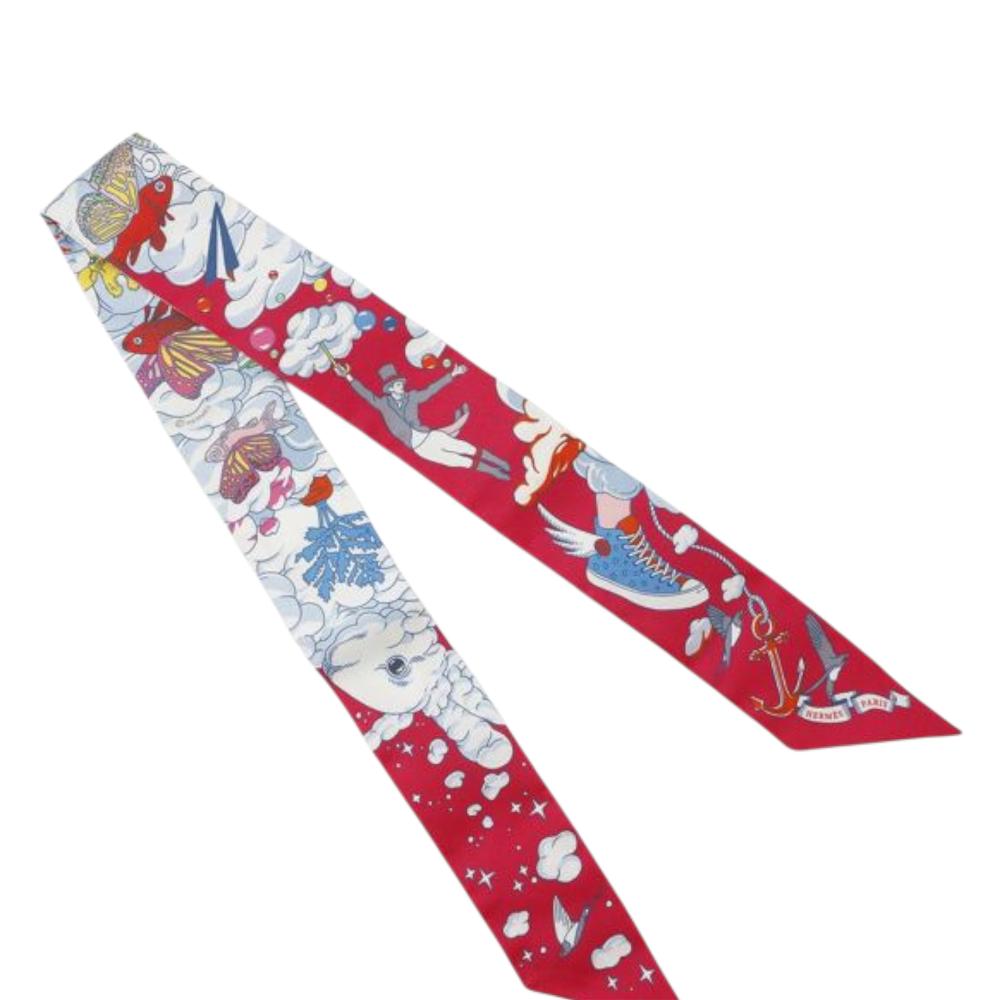 Hermès AB Hermès Pink Strawberry with Multi Silk Fabric Sur Mon Nuage Twilly Scarf France