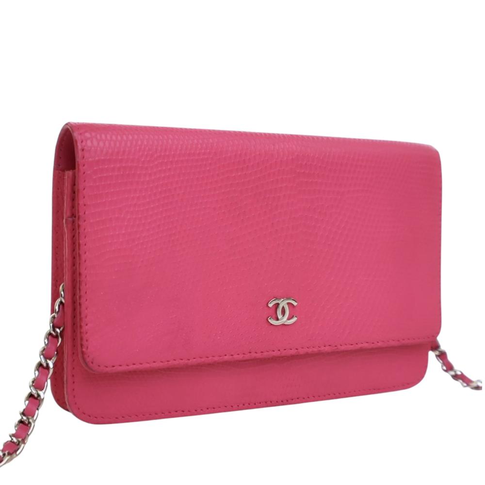 Chanel B Chanel Pink Dark Pink Calf Leather CC Lizard Embossed skin Wallet On Chain Italy