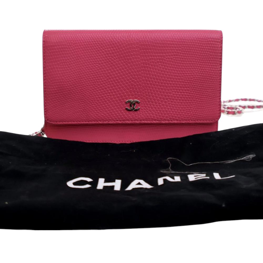 Chanel B Chanel Pink Dark Pink Calf Leather CC Lizard Embossed skin Wallet On Chain Italy