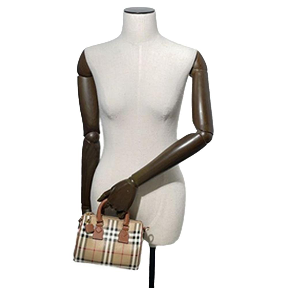 Burberry AB Burberry Brown Light Brown Coated Canvas Fabric Mini House Check Bowling Bag Italy