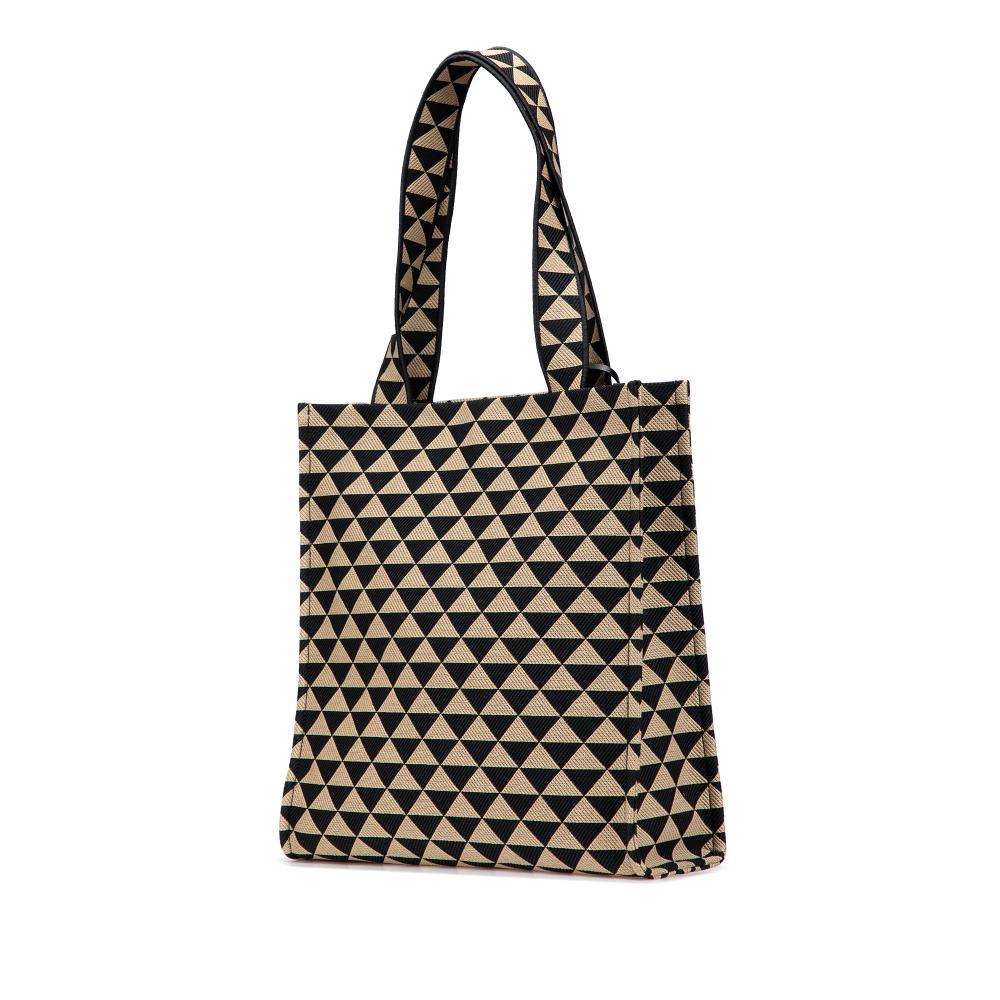 Prada AB Prada Brown Beige Canvas Fabric Embroidered Triangolo Symbole Shopping Tote Italy