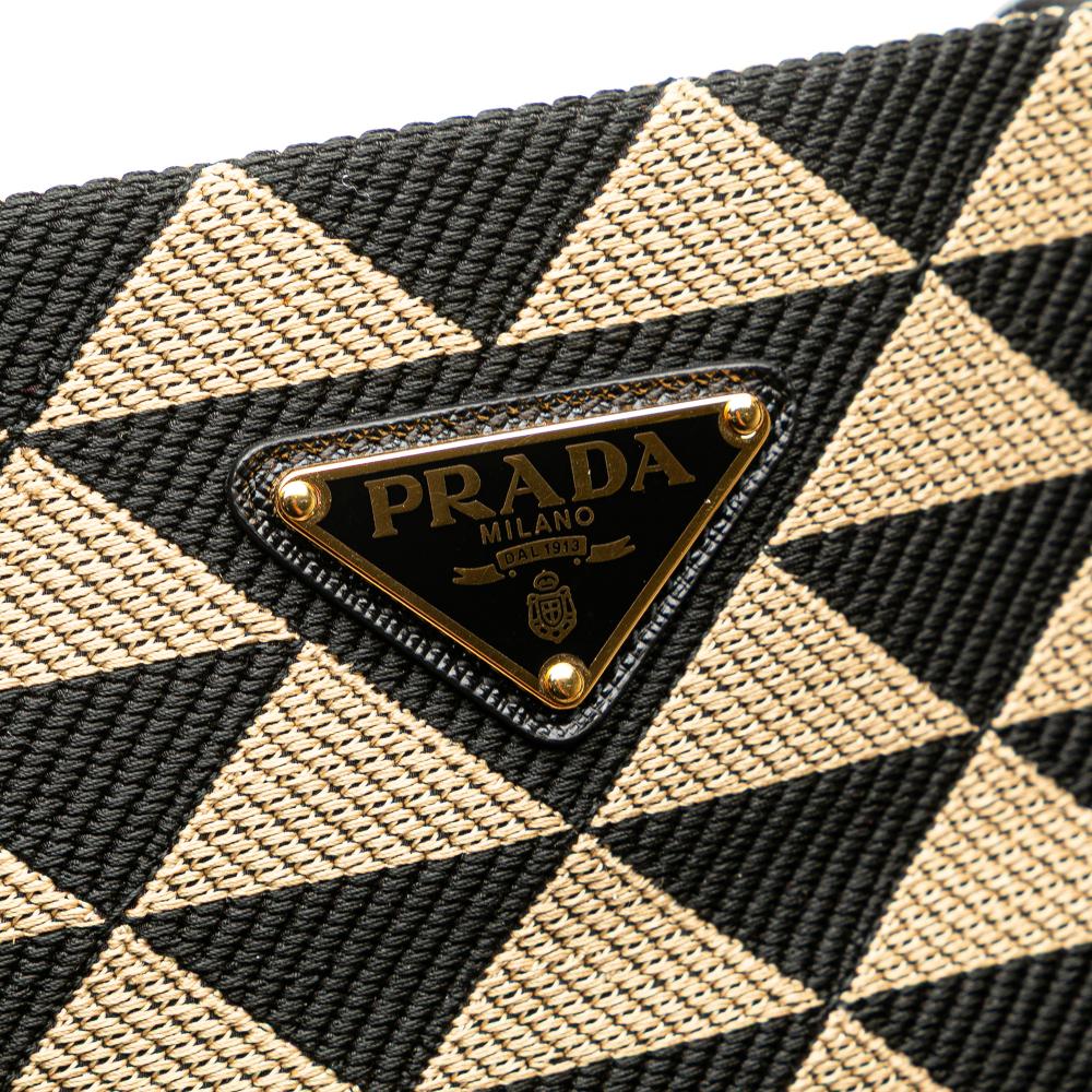Prada AB Prada Brown Beige Canvas Fabric Embroidered Triangolo Symbole Shopping Tote Italy