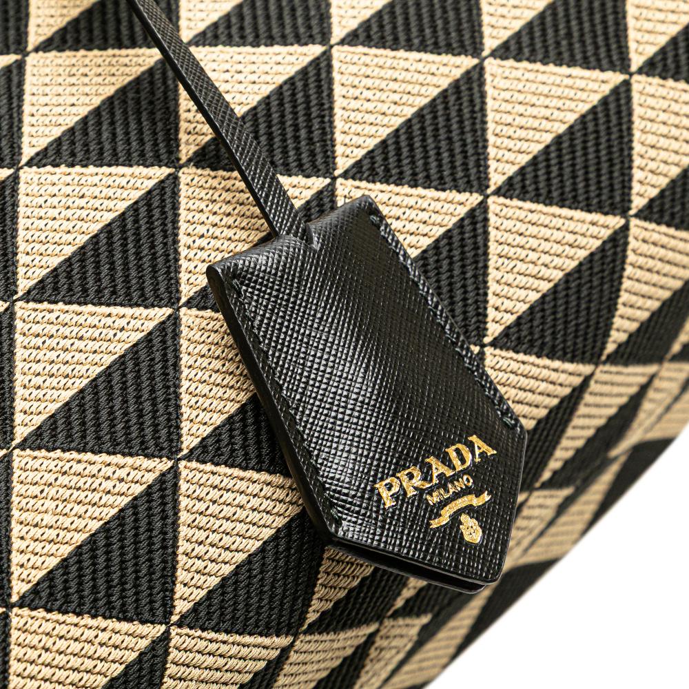 Prada AB Prada Brown Beige Canvas Fabric Embroidered Triangolo Symbole Shopping Tote Italy