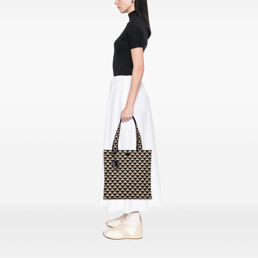 Prada AB Prada Brown Beige Canvas Fabric Embroidered Triangolo Symbole Shopping Tote Italy