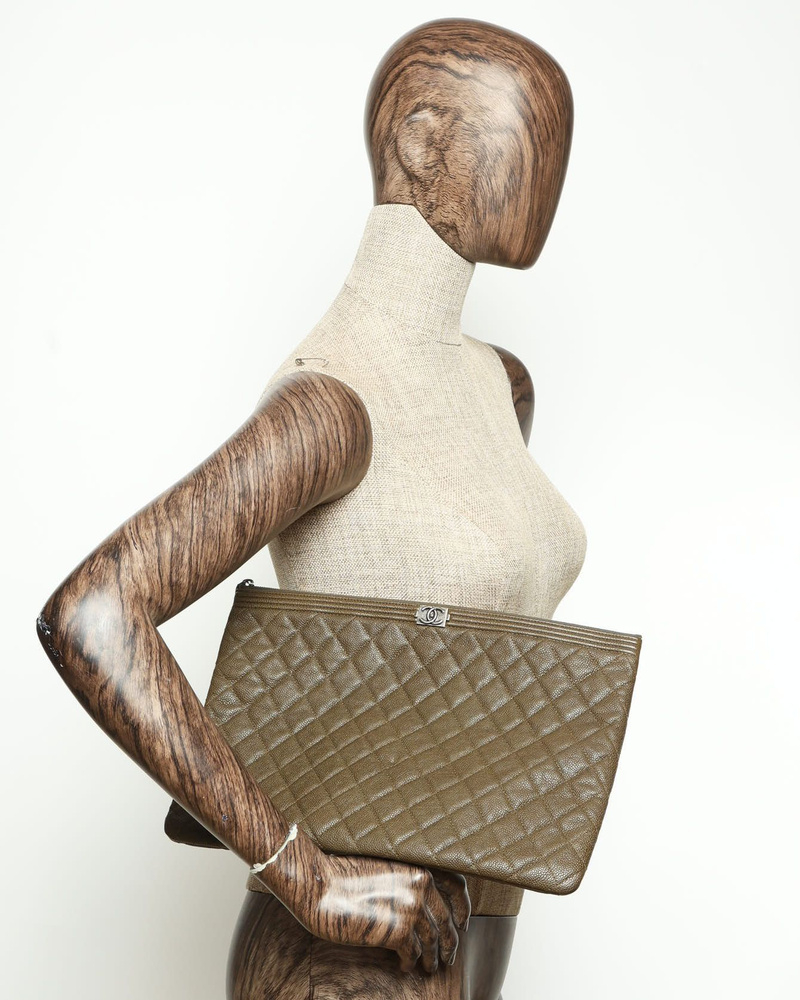 Chanel Caviar Khaki Boy Clutch Bag, Fits 14-inch Laptop
