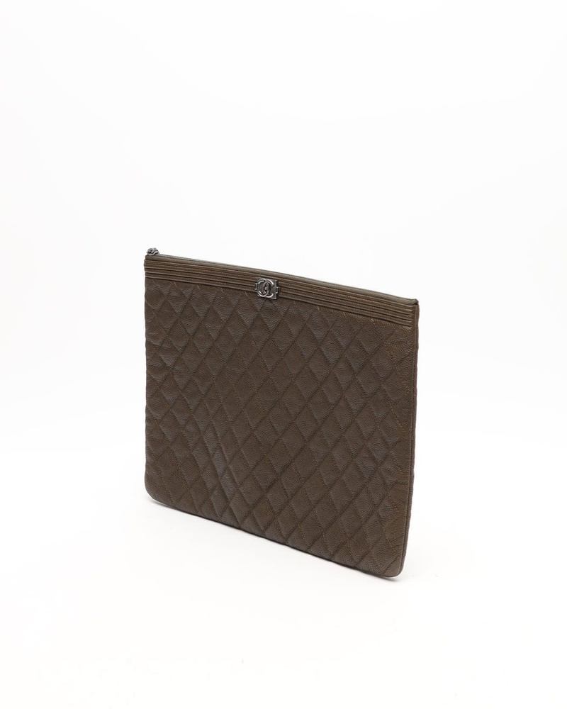 Chanel Caviar Khaki Boy Clutch Bag, Fits 14-inch Laptop