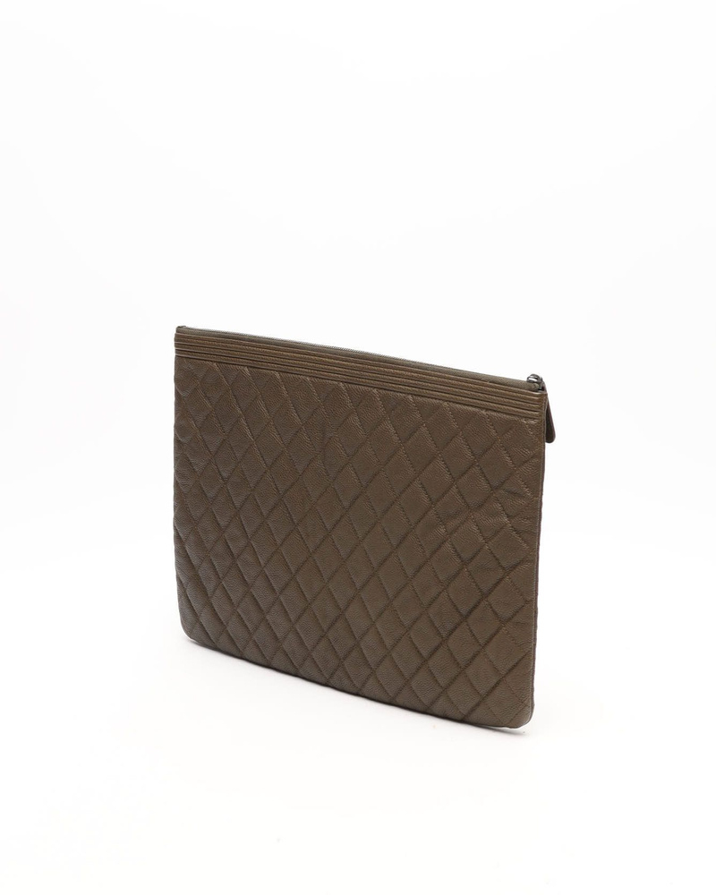 Chanel Caviar Khaki Boy Clutch Bag, Fits 14-inch Laptop
