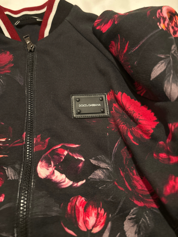 Dolce&Gabbana Bomberjacke aus dunklem Baumwollfrottee mit Blumendruck