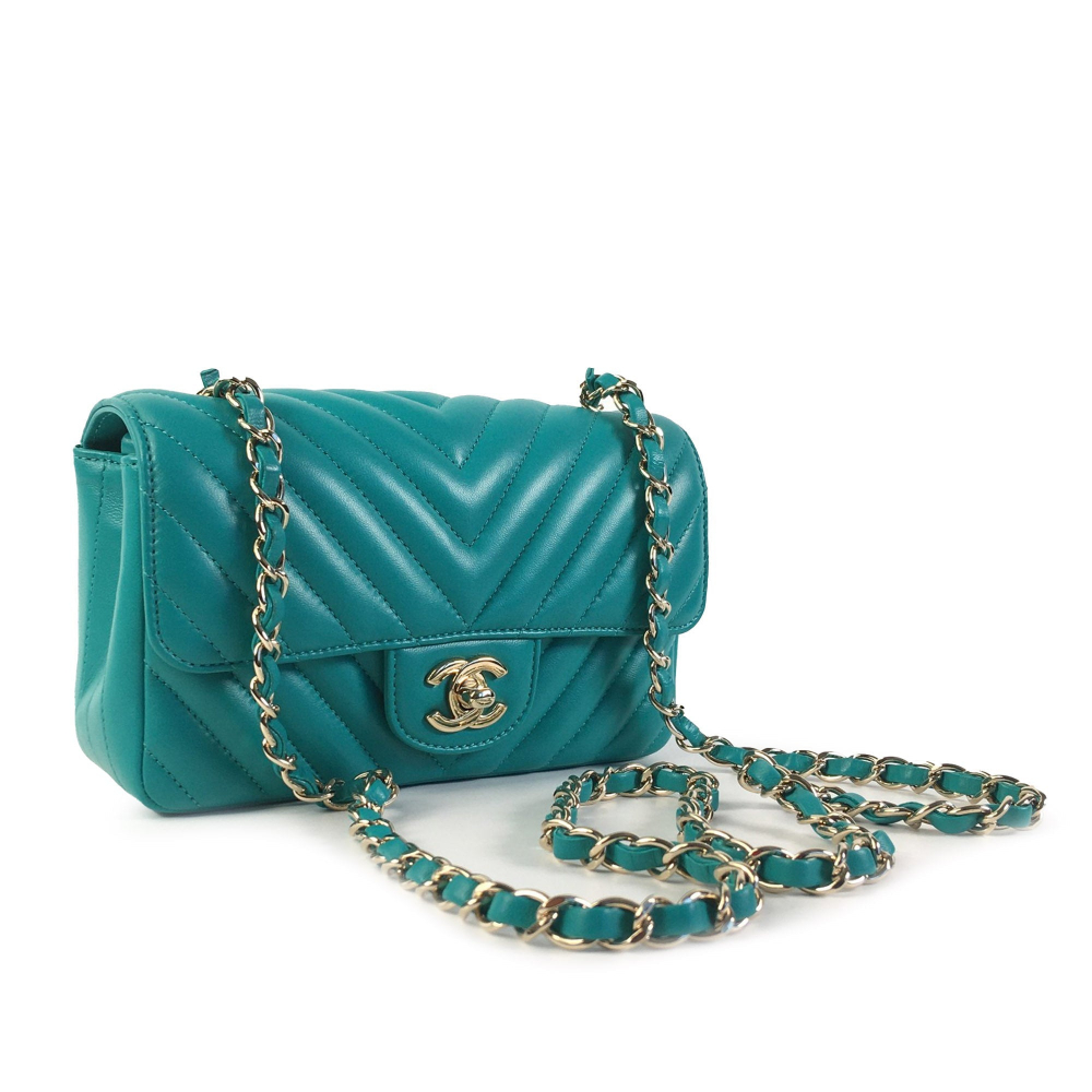 Chanel Classic Single Flap Mini Lambskin Leather Chevron Shoulder Bag Green
