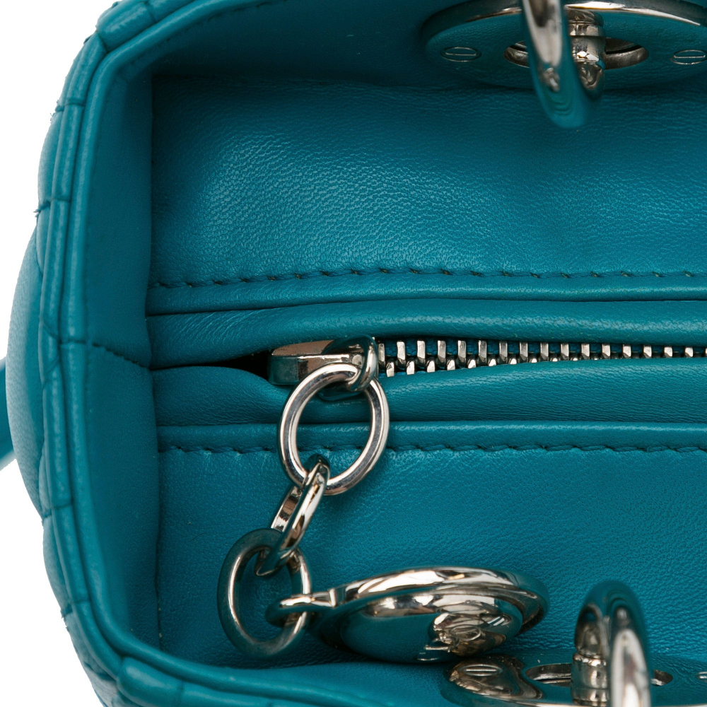 Christian Dior Lady Dior Medium Zip Closure Cannage Lambskin Leather 2-Ways Tote Bag Blue