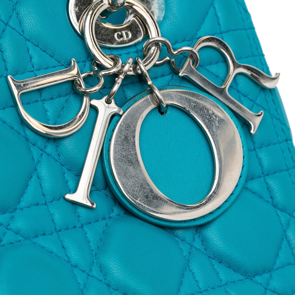 Christian Dior Lady Dior Medium Zip Closure Cannage Lambskin Leather 2-Ways Tote Bag Blue