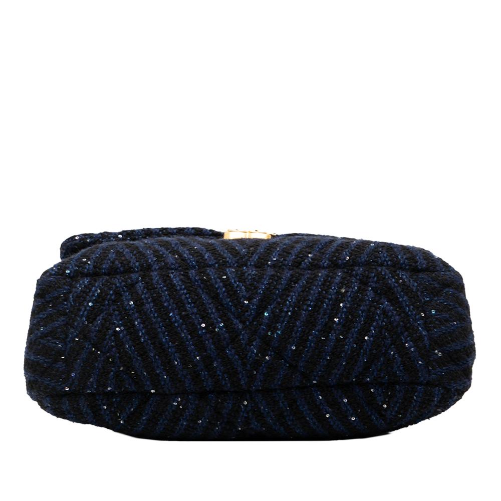 Chanel B Chanel Blue Dark Blue Tweed Fabric Large Chevron Sequin 19 Flap Italy