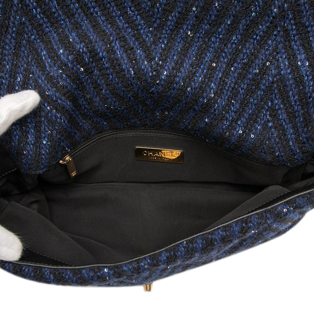 Chanel B Chanel Blue Dark Blue Tweed Fabric Large Chevron Sequin 19 Flap Italy