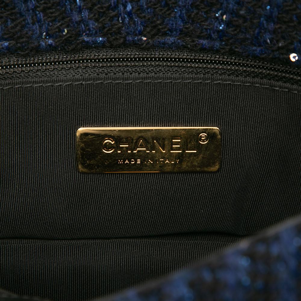 Chanel B Chanel Blue Dark Blue Tweed Fabric Large Chevron Sequin 19 Flap Italy