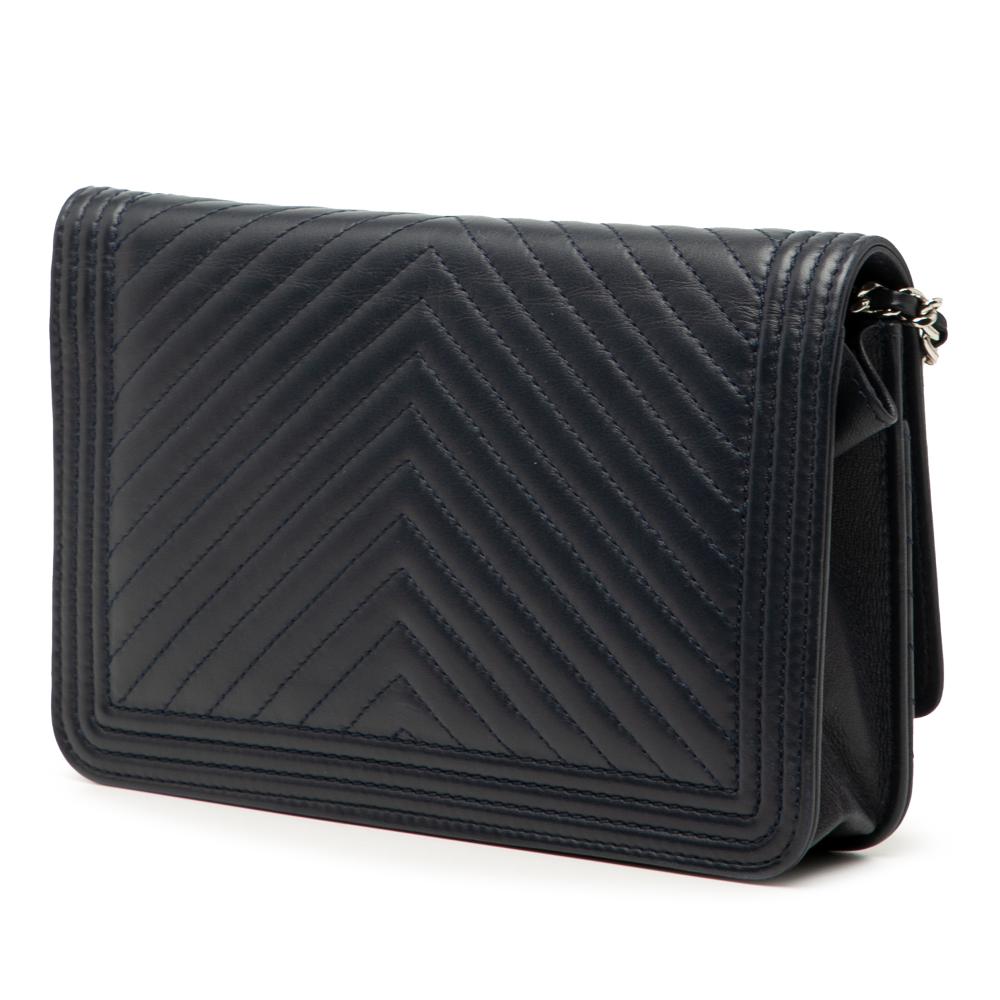 Chanel AB Chanel Blue Navy Lambskin Leather Leather Chevron Lambskin Boy Wallet on Chain Italy