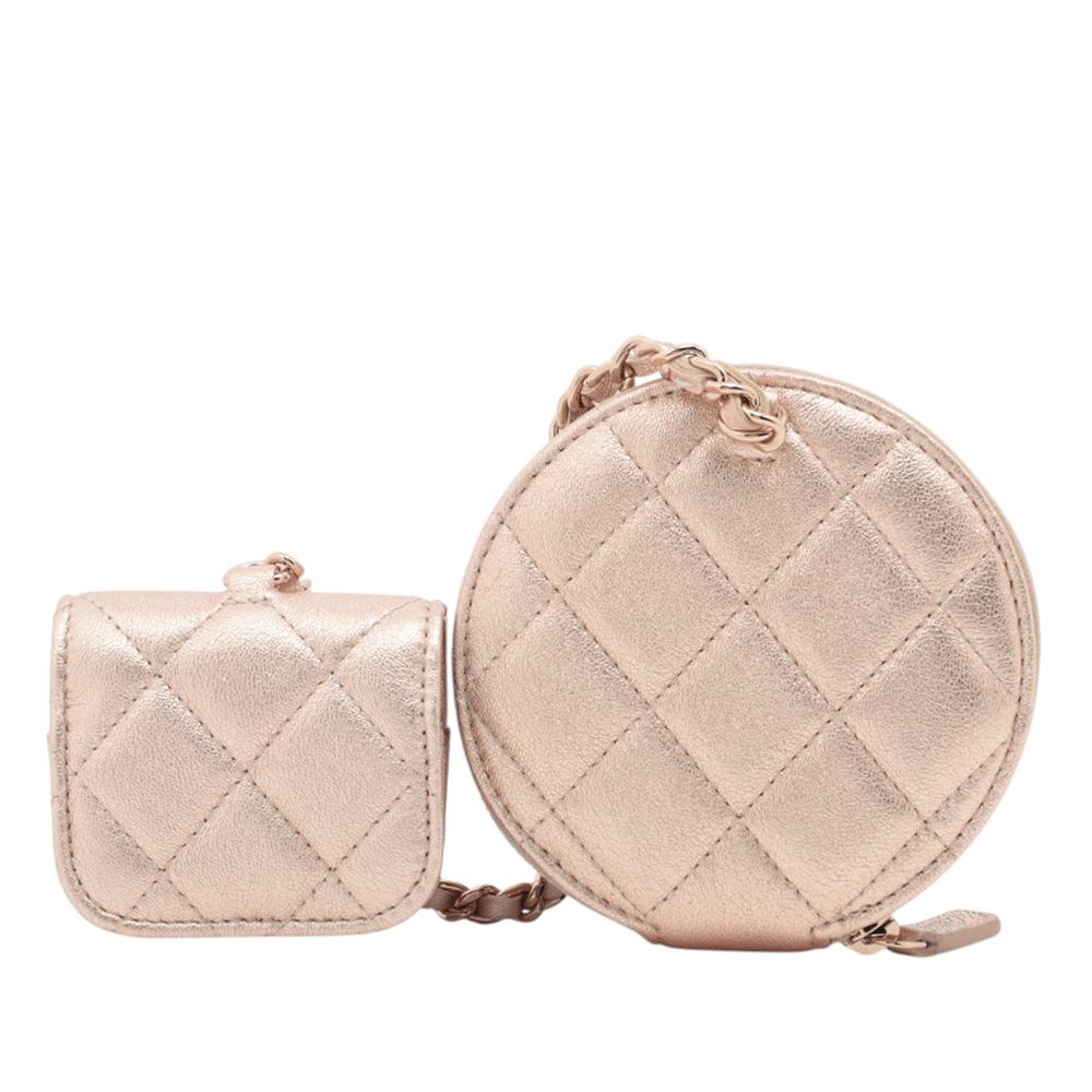 Chanel Pink CC Quilted Metallic Lambskin Coin Pouch and AirPods Pro Case Italy