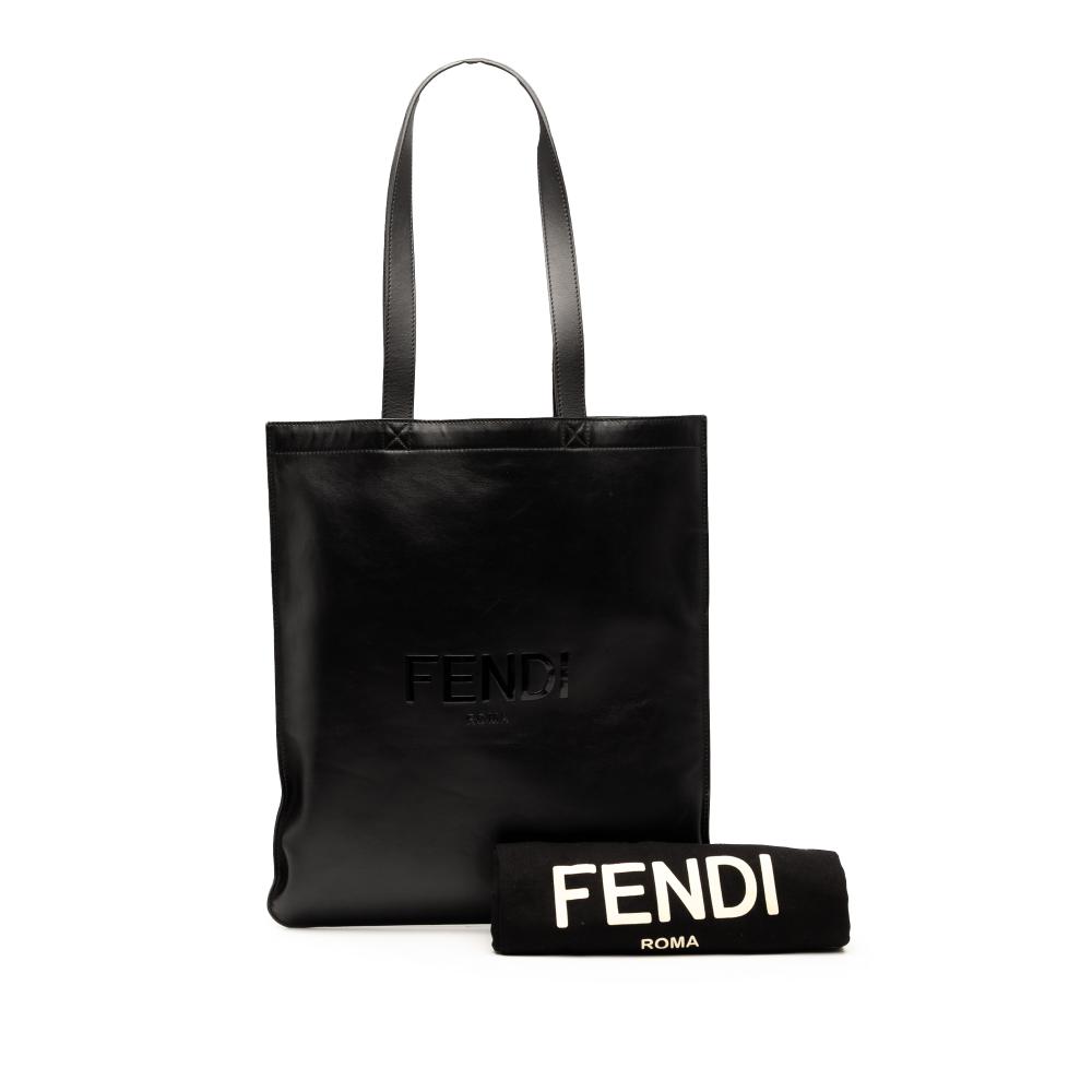 Fendi B Fendi Black Calf Leather Embossed Logo Shopper Tote Italy