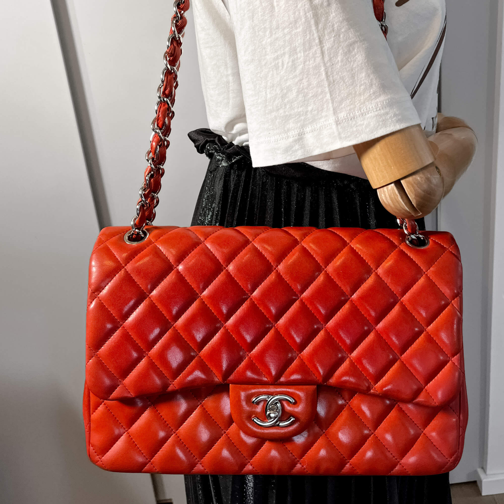 Chanel Classic Double Flap Jumbo Lambskin Leather Chain Bag Red/Orange