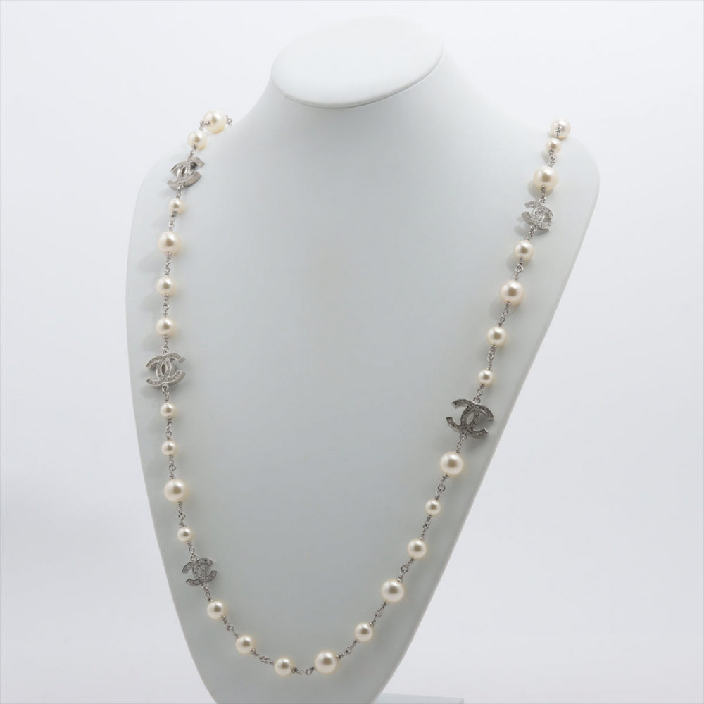 Chanel Coco Necklace Rhinestone Faux-Pearls Silver