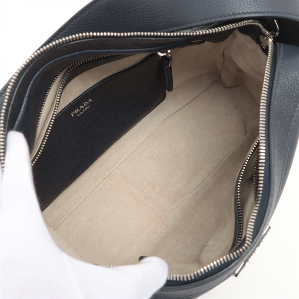 Prada Zipped Shoulder Bag Daino Leather Navy blue