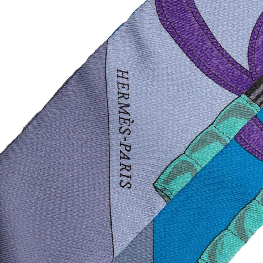 Hermès A Hermès Blue with Purple Silk Fabric Eperon D Or Twilly Scarf France