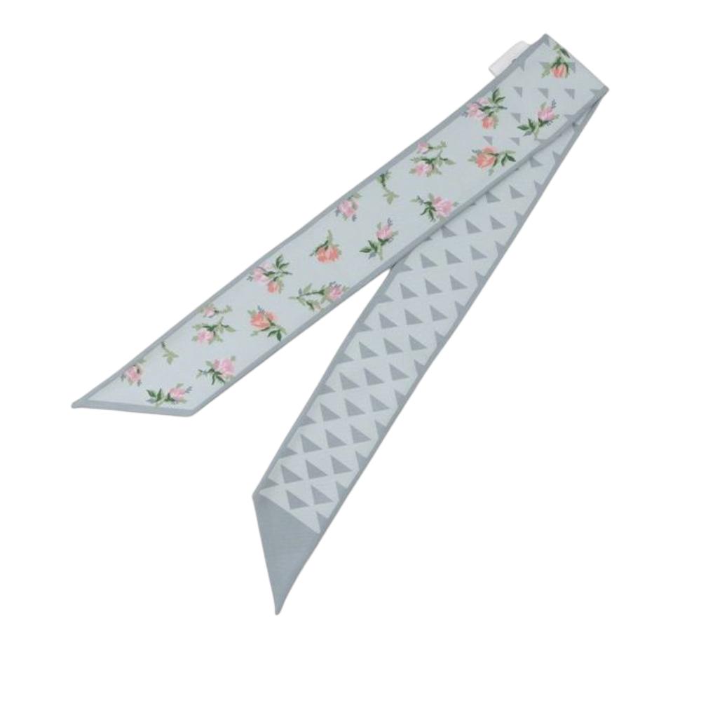 Prada AB Prada Blue Light Blue Silk Fabric Floral and Geometric Print Twilly Scarf Italy