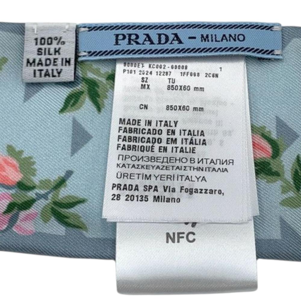 Prada AB Prada Blue Light Blue Silk Fabric Floral and Geometric Print Twilly Scarf Italy