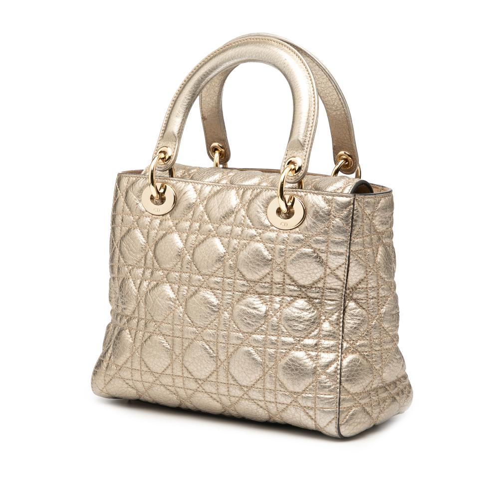 Christian Dior B Dior Gold Light Gold Calf Leather Medium Metallic Grained skin Cannage Supple Lady Dior Italy