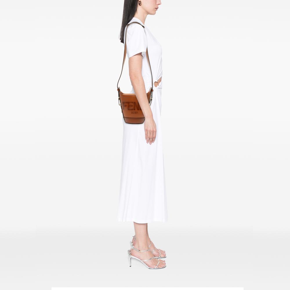 Fendi B Fendi Brown Calf Leather Debossed Logo Bucket Bag Italy