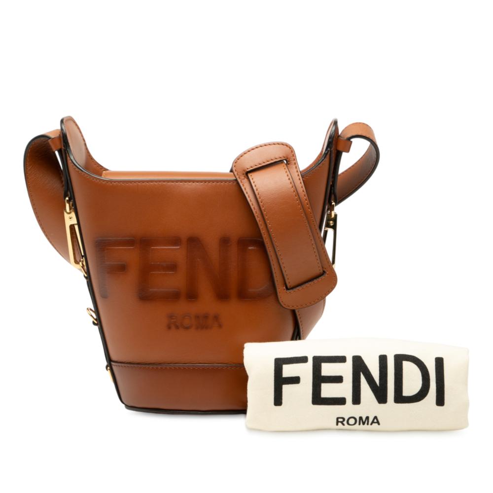 Fendi B Fendi Brown Calf Leather Debossed Logo Bucket Bag Italy