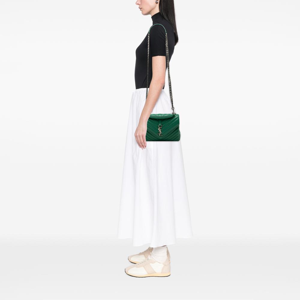 Saint Laurent Green Sheepskin Leather Leather Medium Quilted Chevron Sheepskin College Satchel Italy