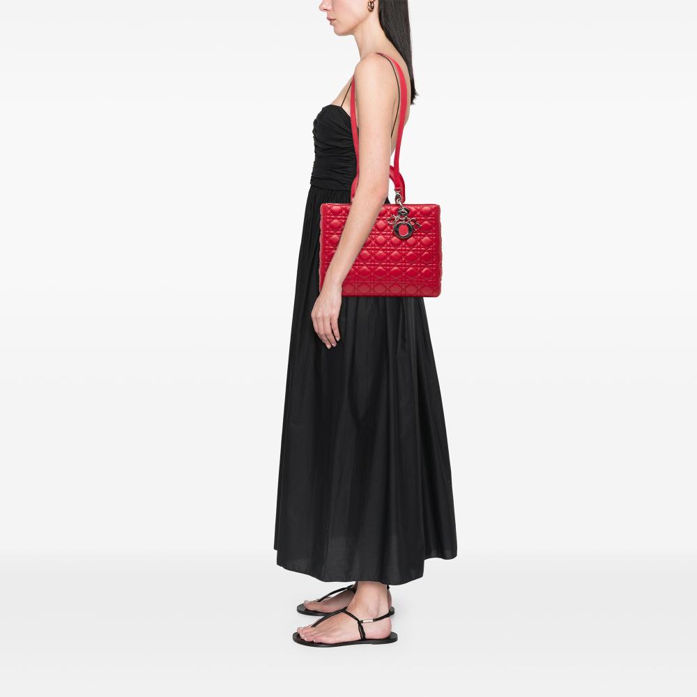 Christian Dior B Dior Red Lambskin Leather Leather Large Lambskin Cannage Lady Dior Italy