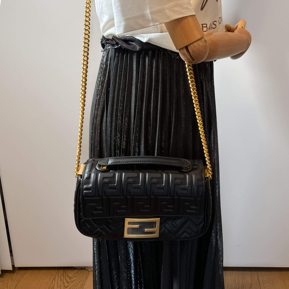Fendi Baguette Midi Nappa Leather Black Chain Bag