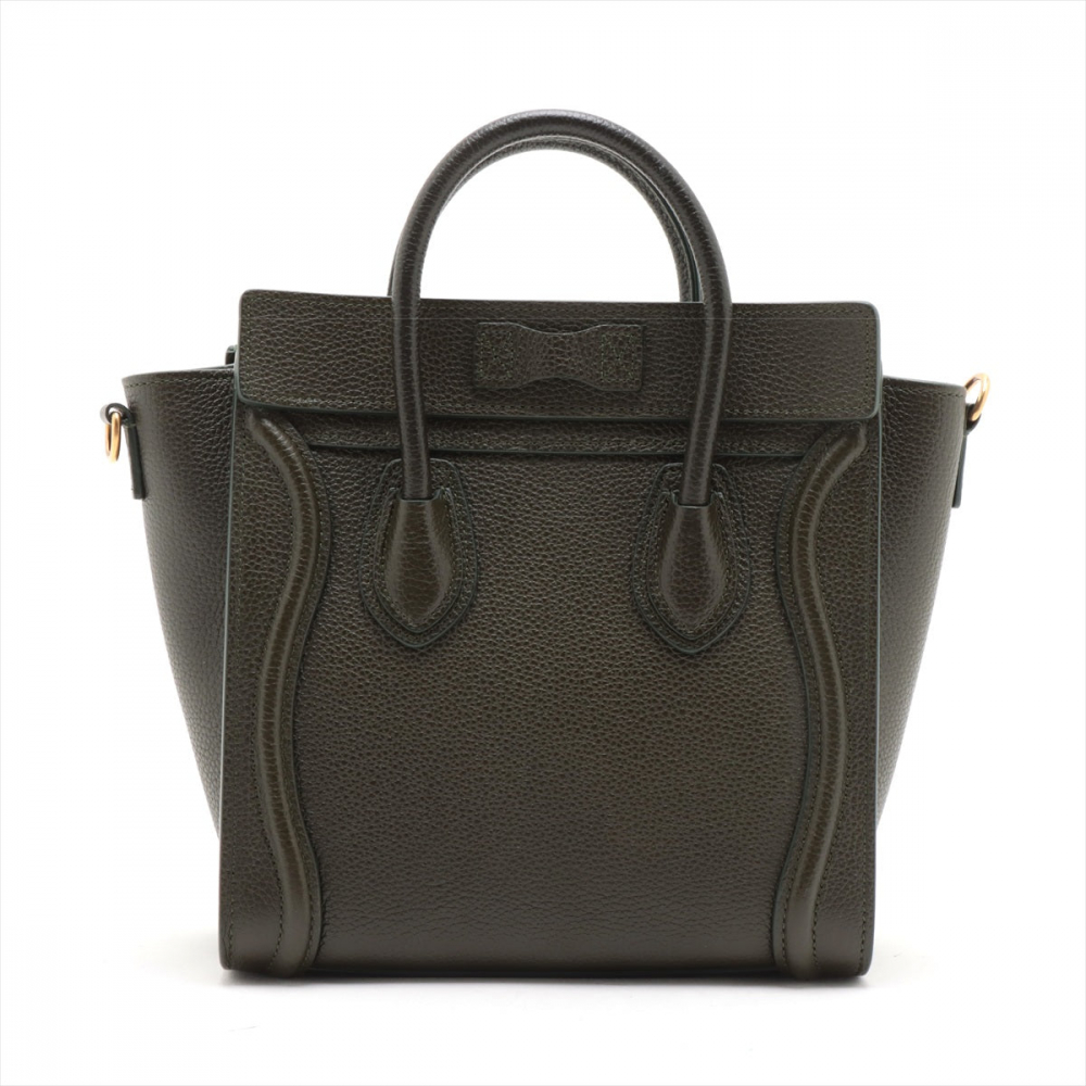 Celine Luggage Nano Drummed Calfskin Leather 2-Ways Tote Crossbody Military Green