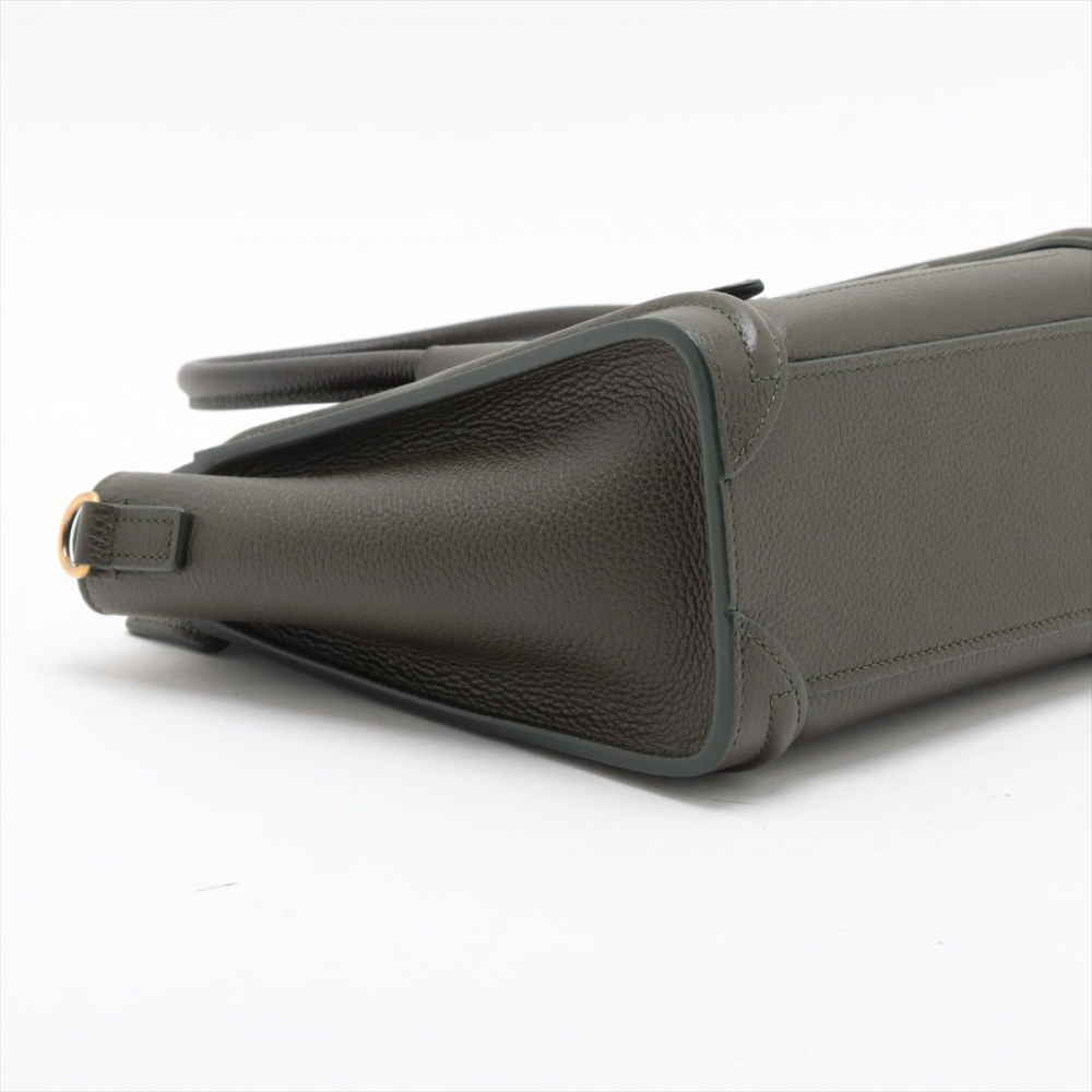 Celine Luggage Nano Drummed Calfskin Leather 2-Ways Tote Crossbody Military Green