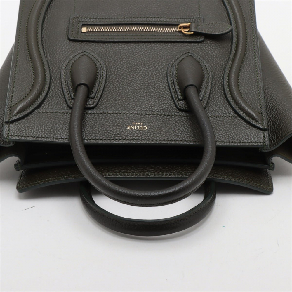 Celine Luggage Nano Drummed Calfskin Leather 2-Ways Tote Crossbody Military Green