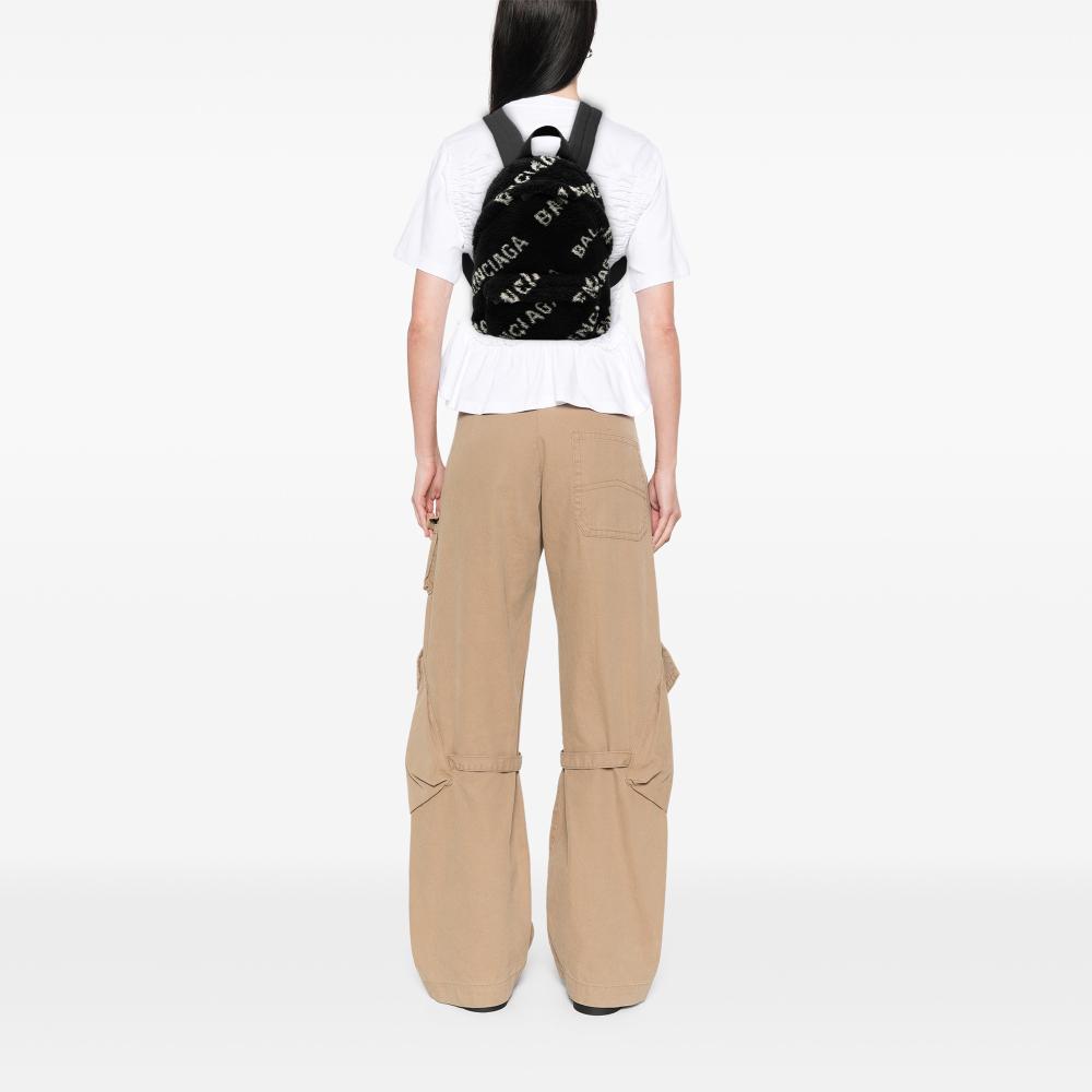 Balenciaga B Balenciaga Black Polyester Fabric Small Faux Fur Diagonal Logo Everyday Backpack Italy