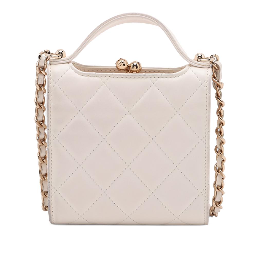 Chanel White Mini CC Quilted Lambskin Kiss Lock Frame Top Handle Clutch with Chain France