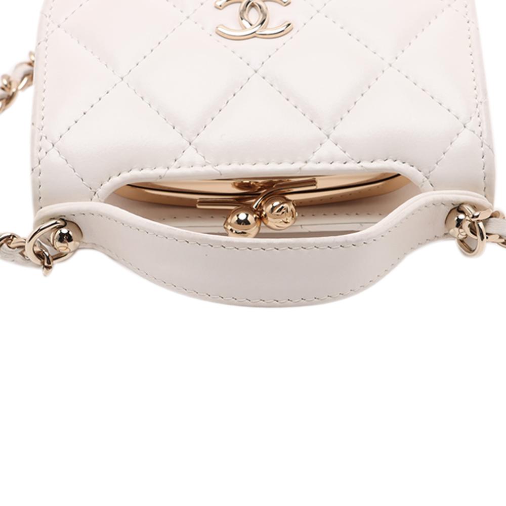 Chanel White Mini CC Quilted Lambskin Kiss Lock Frame Top Handle Clutch with Chain France