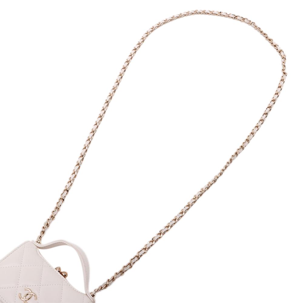 Chanel White Mini CC Quilted Lambskin Kiss Lock Frame Top Handle Clutch with Chain France