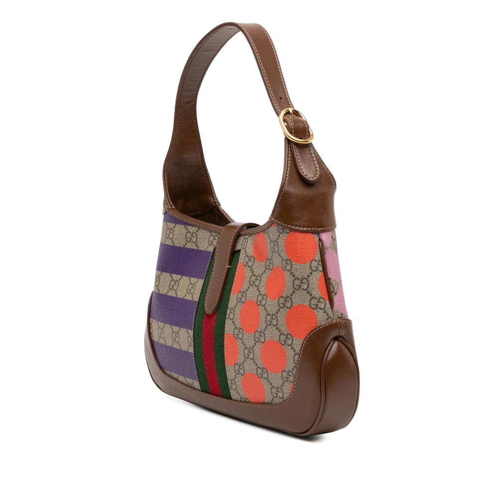 Gucci B Gucci Brown Beige Coated Canvas Fabric Small GG Supreme Web Geometric Jackie 1961 Crossbody Italy