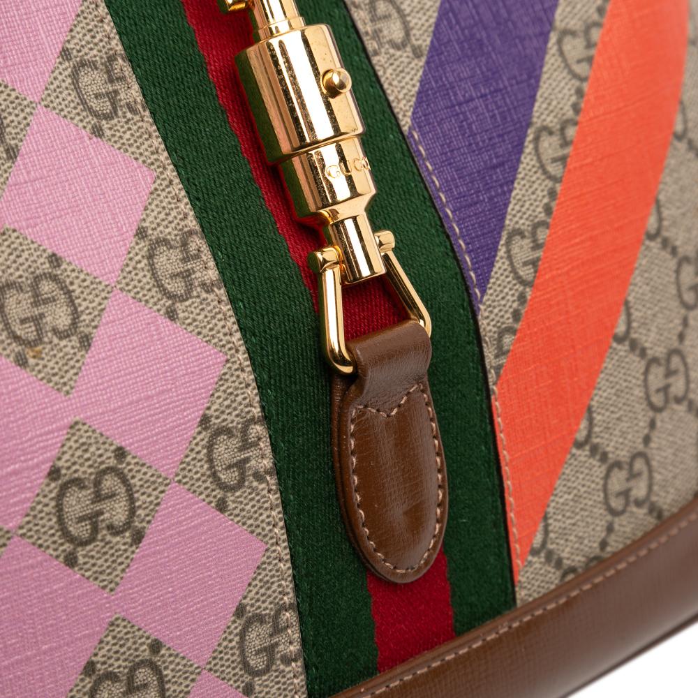 Gucci B Gucci Brown Beige Coated Canvas Fabric Small GG Supreme Web Geometric Jackie 1961 Crossbody Italy