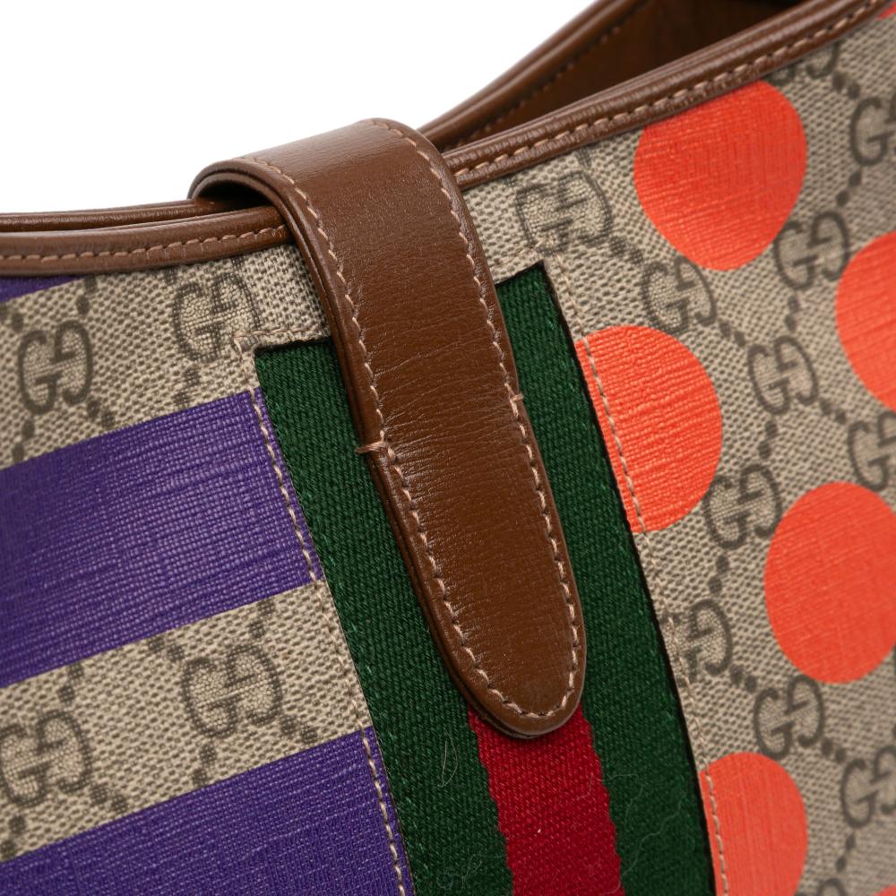 Gucci B Gucci Brown Beige Coated Canvas Fabric Small GG Supreme Web Geometric Jackie 1961 Crossbody Italy