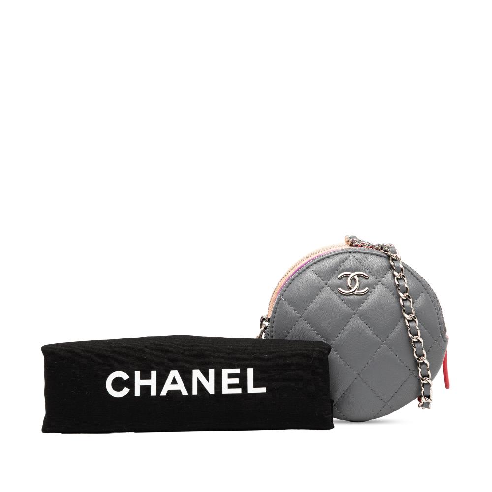 Chanel Gray CC Quilted Lambskin Triple Zip Round Clutch With Chain Italy